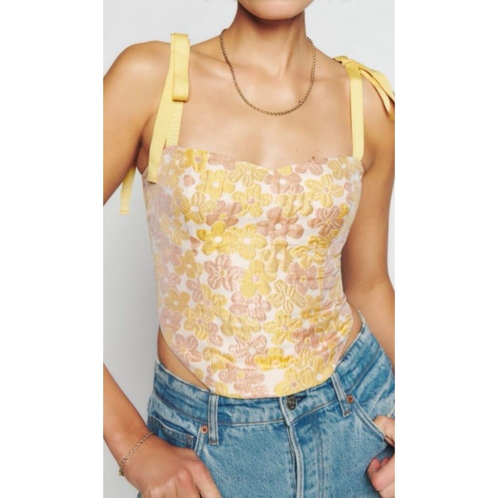 Reformation Floral Metallic Jacquard Tie Strap Corset Top Yellow Size 12